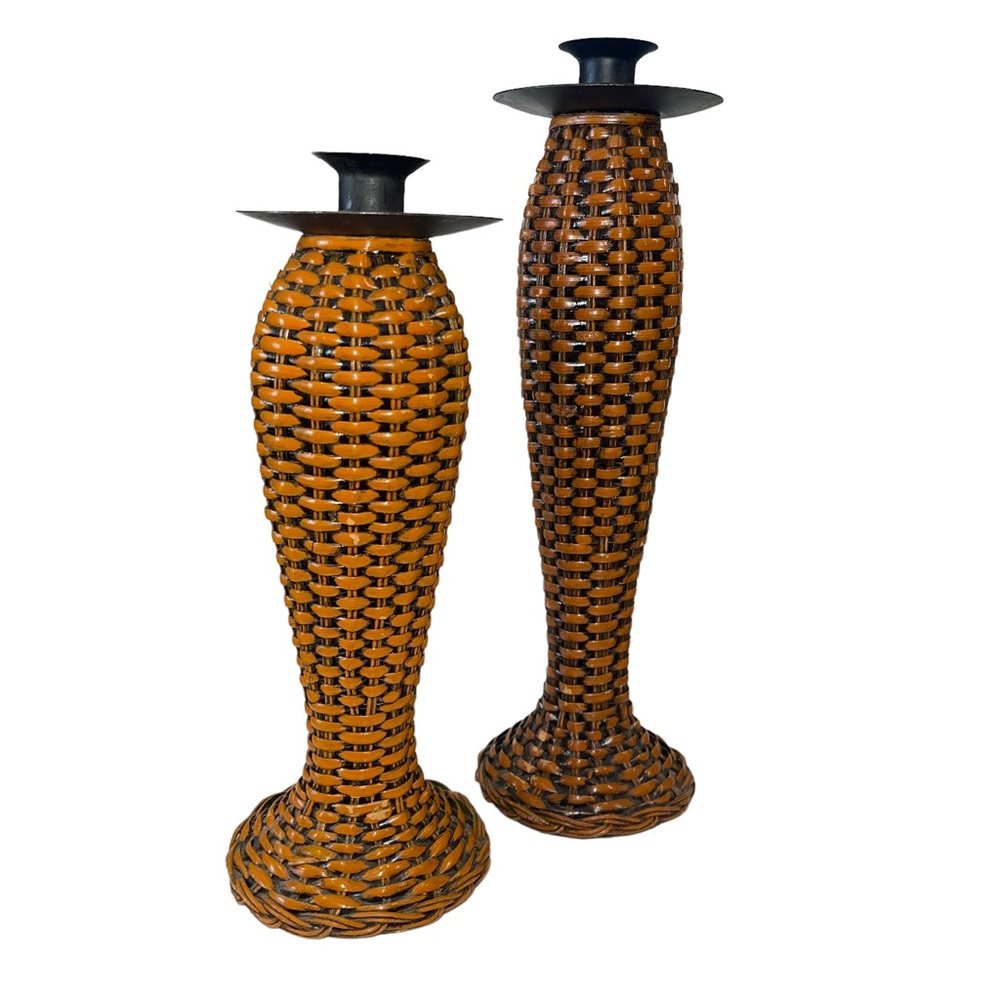Metal Rattan Pedestal Candlestick Taper Candle Holder Tropical Set Tiki Bar